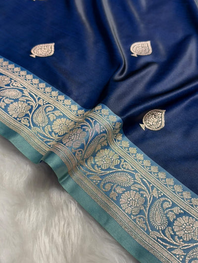 Contrast Navy Blue / Sky Blue Shade Banarasi Booti Pattern Mashru Silk Saree MSM-140