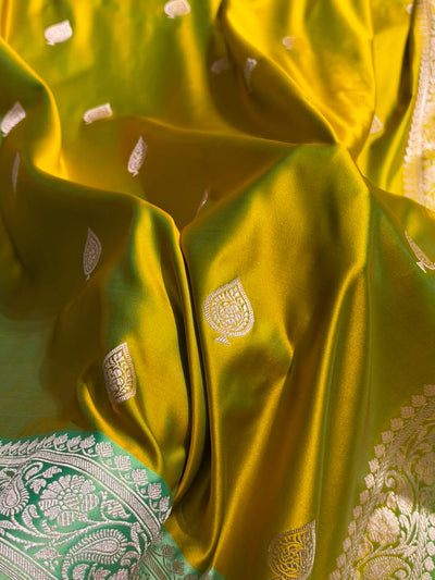 Contrast Mustard Yellow / Olive Green Shade Banarasi Booti Pattern Mashru Silk Saree MSM-140