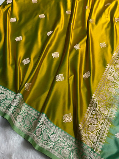 Contrast Mustard Yellow / Olive Green Shade Banarasi Booti Pattern Mashru Silk Saree MSM-140