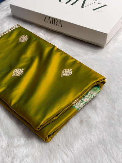 Contrast Mustard Yellow / Olive Green Shade Banarasi Booti Pattern Mashru Silk Saree MSM-140