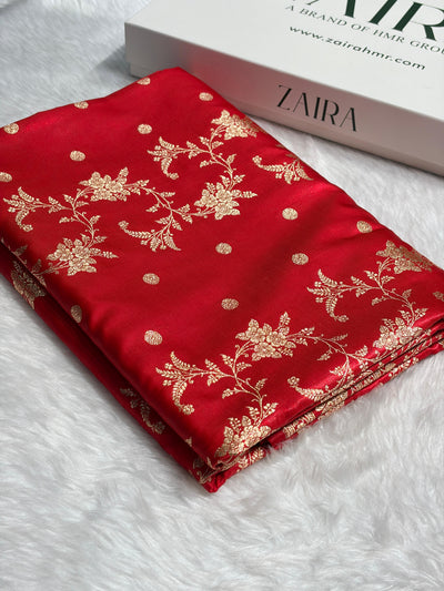 Red Banarasi Satin Silk Saree with Gold Floral Booti SS65
