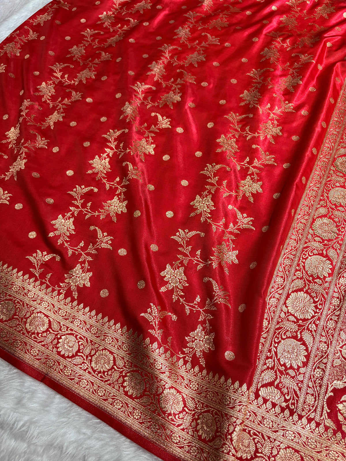 Red Banarasi Satin Silk Saree with Gold Floral Booti SS65