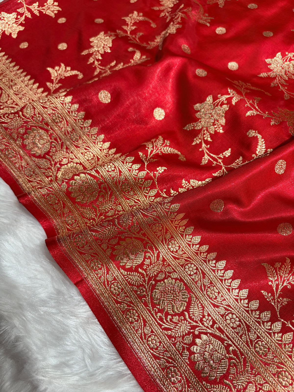 Red Banarasi Satin Silk Saree with Gold Floral Booti SS65