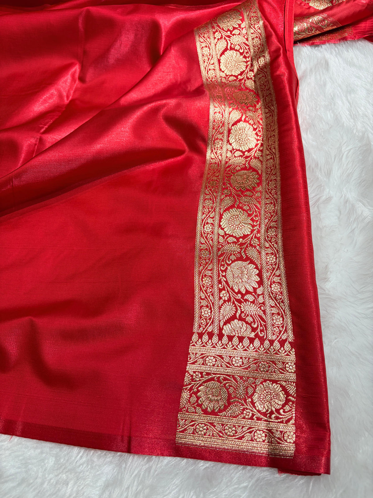 Red Banarasi Satin Silk Saree with Gold Floral Booti SS65