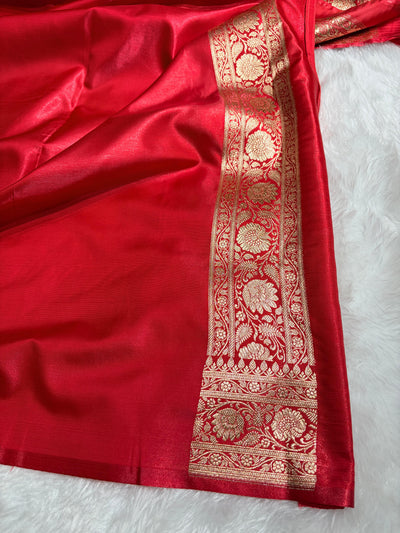 Red Banarasi Satin Silk Saree with Gold Floral Booti SS65