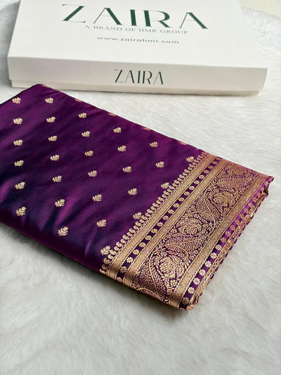Deep Wine Floral Pattern Satin Katan Silk Saree SK78