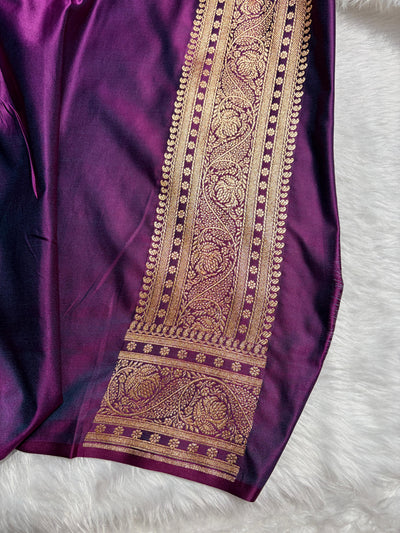 Deep Wine Floral Pattern Satin Katan Silk Saree SK78