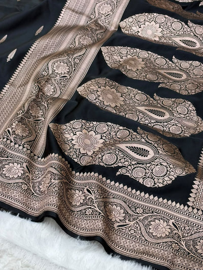 Black Saree in Floral Pattern Mashru Silk Saree MSM-143