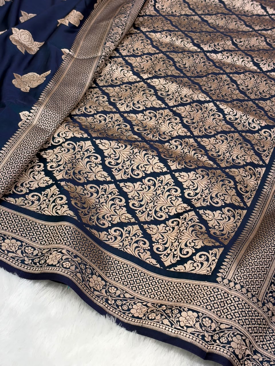 Navy Blue Shades in Rose Motif Pattern Mashru Silk Saree MSM-142