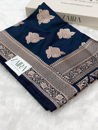 Navy Blue Shades in Rose Motif Pattern Mashru Silk Saree MSM-142