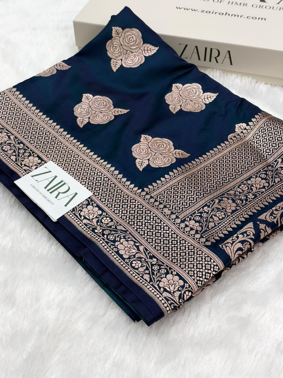 Navy Blue Shades in Rose Motif Pattern Mashru Silk Saree MSM-142