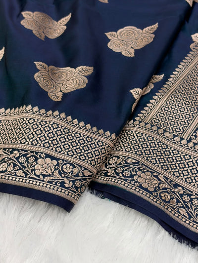 Navy Blue Shades in Rose Motif Pattern Mashru Silk Saree MSM-142