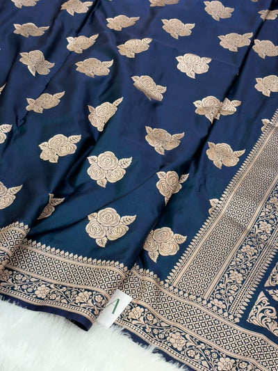 Navy Blue Shades in Rose Motif Pattern Mashru Silk Saree MSM-142