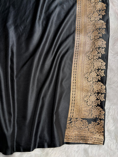 Banarasi Satin Katan Saree Floral Booti Pattern in Black Shades SK148