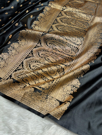 Banarasi Satin Katan Saree Floral Booti Pattern in Black Shades SK148
