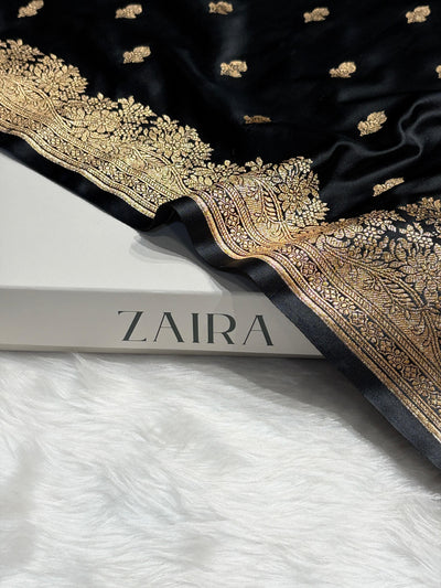 Banarasi Satin Katan Saree Floral Booti Pattern in Black Shades SK148