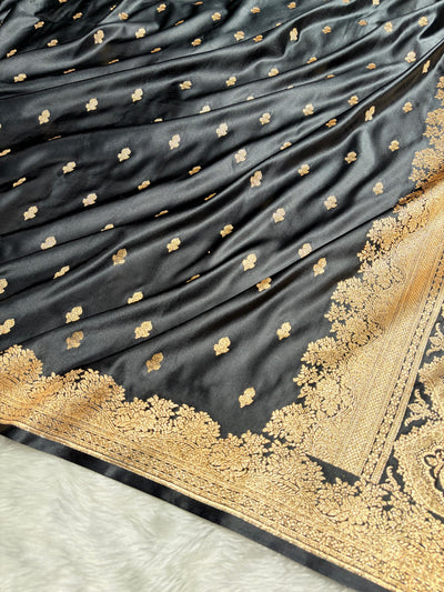 Banarasi Satin Katan Saree Floral Booti Pattern in Black Shades SK148