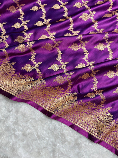 Banarasi Satin Katan Saree Floral Cross Pattern in Wine Magenta Shades SK147