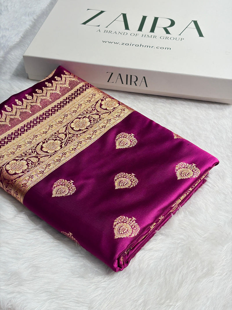 Banarasi Satin Katan Saree Floral Boota Pattern in Wine Magenta Shades SK145
