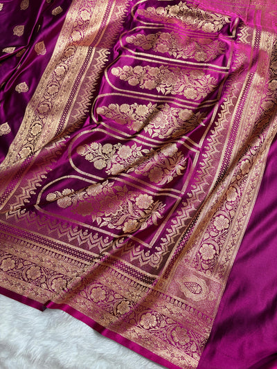 Banarasi Satin Katan Saree Floral Boota Pattern in Wine Magenta Shades SK145