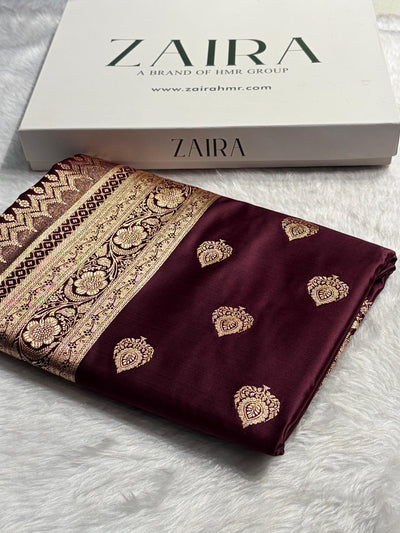 Banarasi Satin Katan Saree Floral Boota Pattern in Garnet  Shades SK145