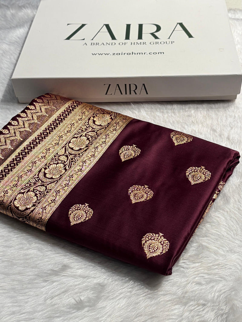 Banarasi Satin Katan Saree Floral Boota Pattern in Garnet  Shades SK145