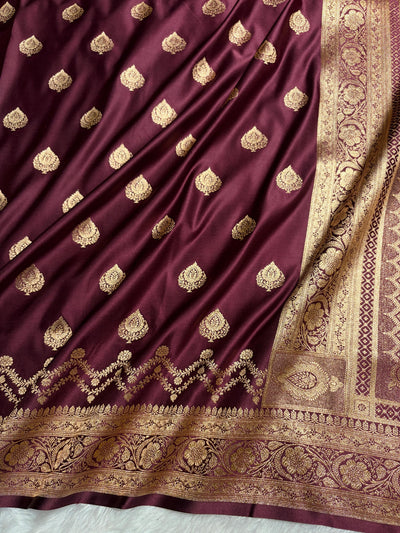 Banarasi Satin Katan Saree Floral Boota Pattern in Garnet  Shades SK145