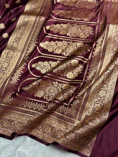 Banarasi Satin Katan Saree Floral Boota Pattern in Garnet  Shades SK145