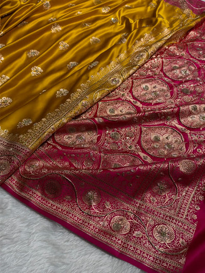 Mustard Yellow - Rani Pink  Banarasi Boota With Zardozi & Swarovski Work Katan Silk Saree BSKM29
