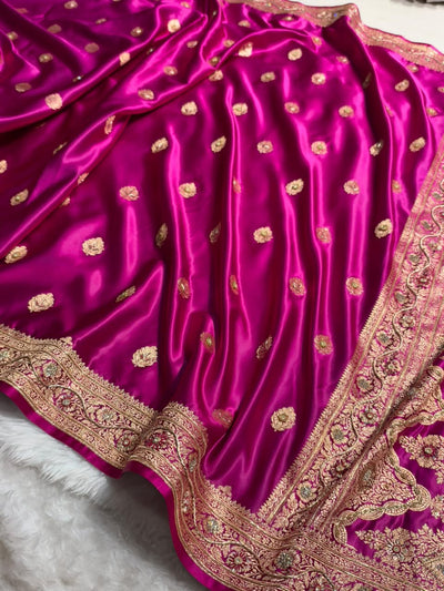 Rani Banarasi Satin Katan Saree With Ari & Zardozi Work Boota BSK65
