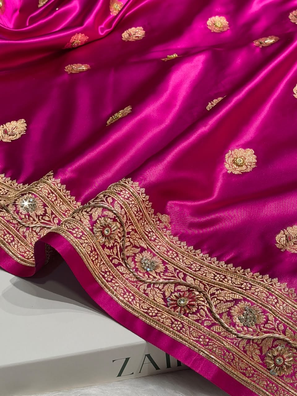Rani Banarasi Satin Katan Saree With Ari & Zardozi Work Boota BSK65