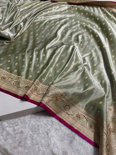 Banarasi Light Pista Shades With Ari Zardozi Work Booti Katan Silk Saree BSK07