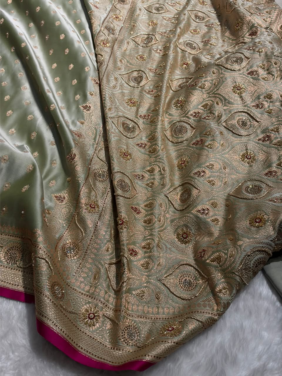 Banarasi Light Pista Shades With Ari Zardozi Work Booti Katan Silk Saree BSK07
