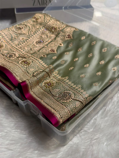 Banarasi Light Pista Shades With Ari Zardozi Work Booti Katan Silk Saree BSK07