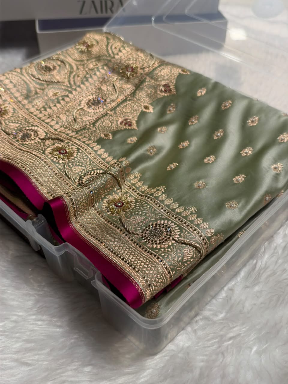 Banarasi Light Pista Shades With Ari Zardozi Work Booti Katan Silk Saree BSK07