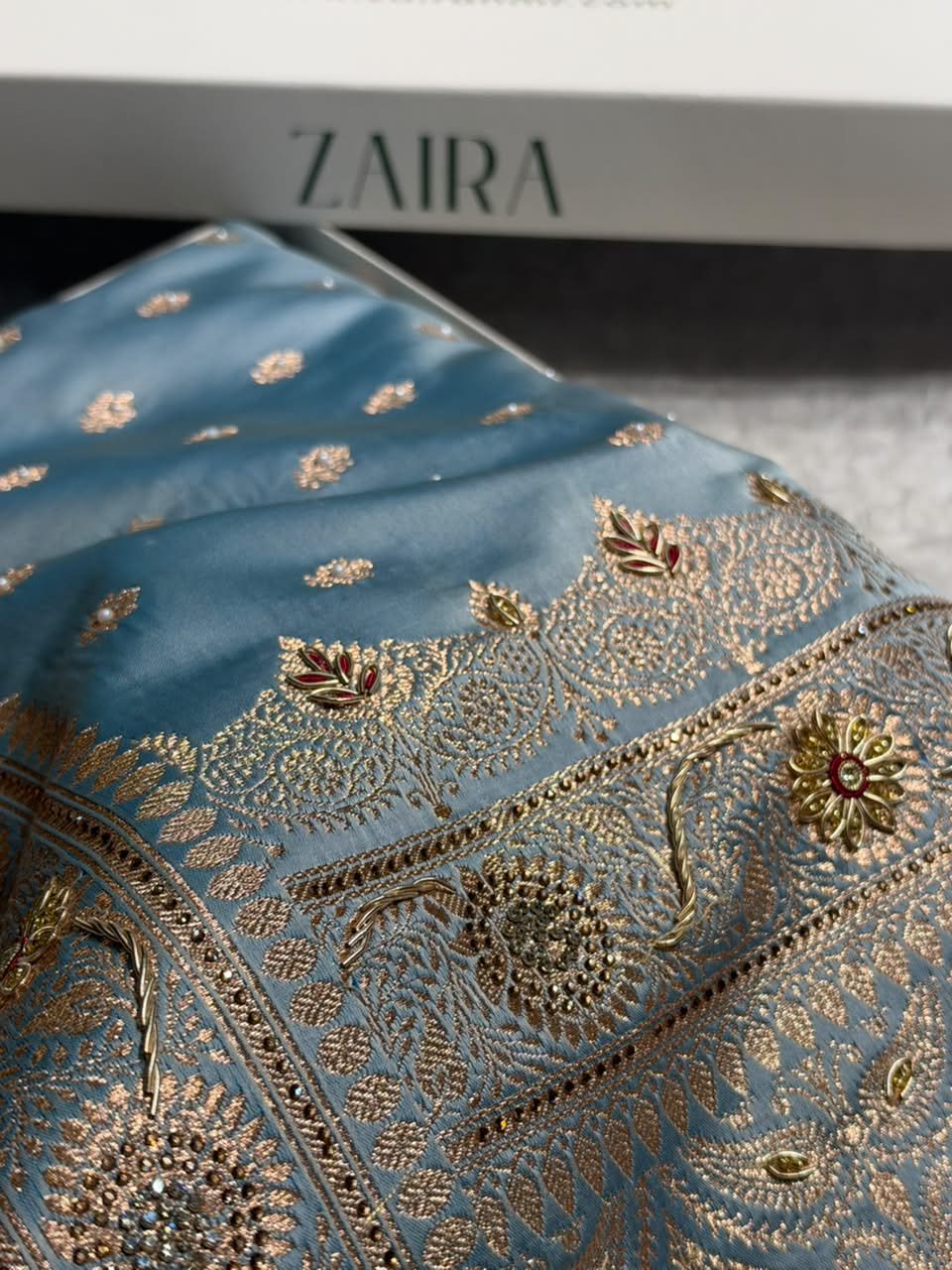 Banarasi Light Blue Shades With Ari Zardozi Work Booti Katan Silk Saree BSK07