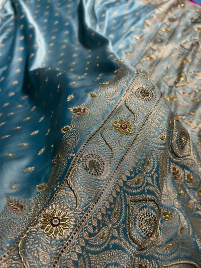 Banarasi Light Blue Shades With Ari Zardozi Work Booti Katan Silk Saree BSK07