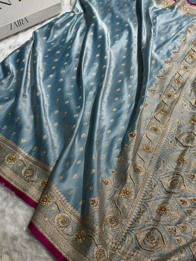Banarasi Light Blue Shades With Ari Zardozi Work Booti Katan Silk Saree BSK07