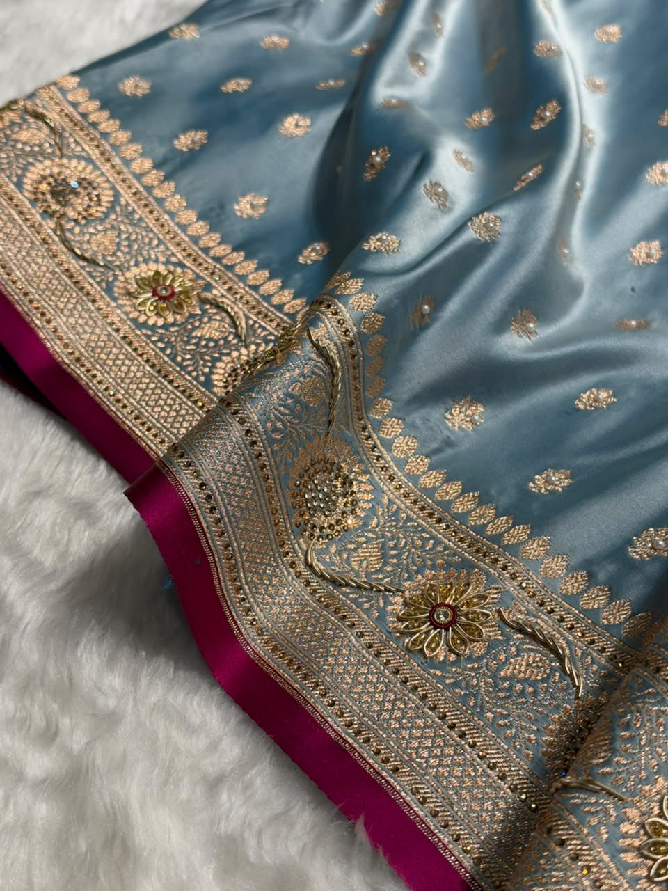 Banarasi Light Blue Shades With Ari Zardozi Work Booti Katan Silk Saree BSK07