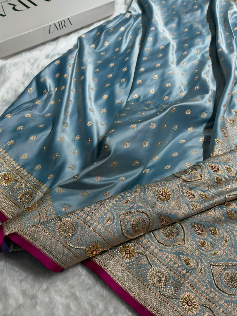 Banarasi Light Blue Shades With Ari Zardozi Work Booti Katan Silk Saree BSK07