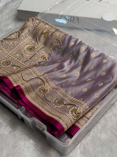 Banarsi Dusty Lavender Shades With Ari Zardozi Work Booti Katan Silk Saree BSK07
