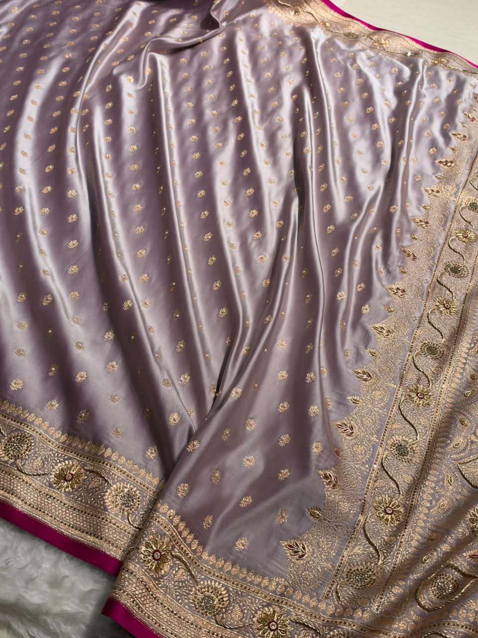 Banarsi Dusty Lavender Shades With Ari Zardozi Work Booti Katan Silk Saree BSK07