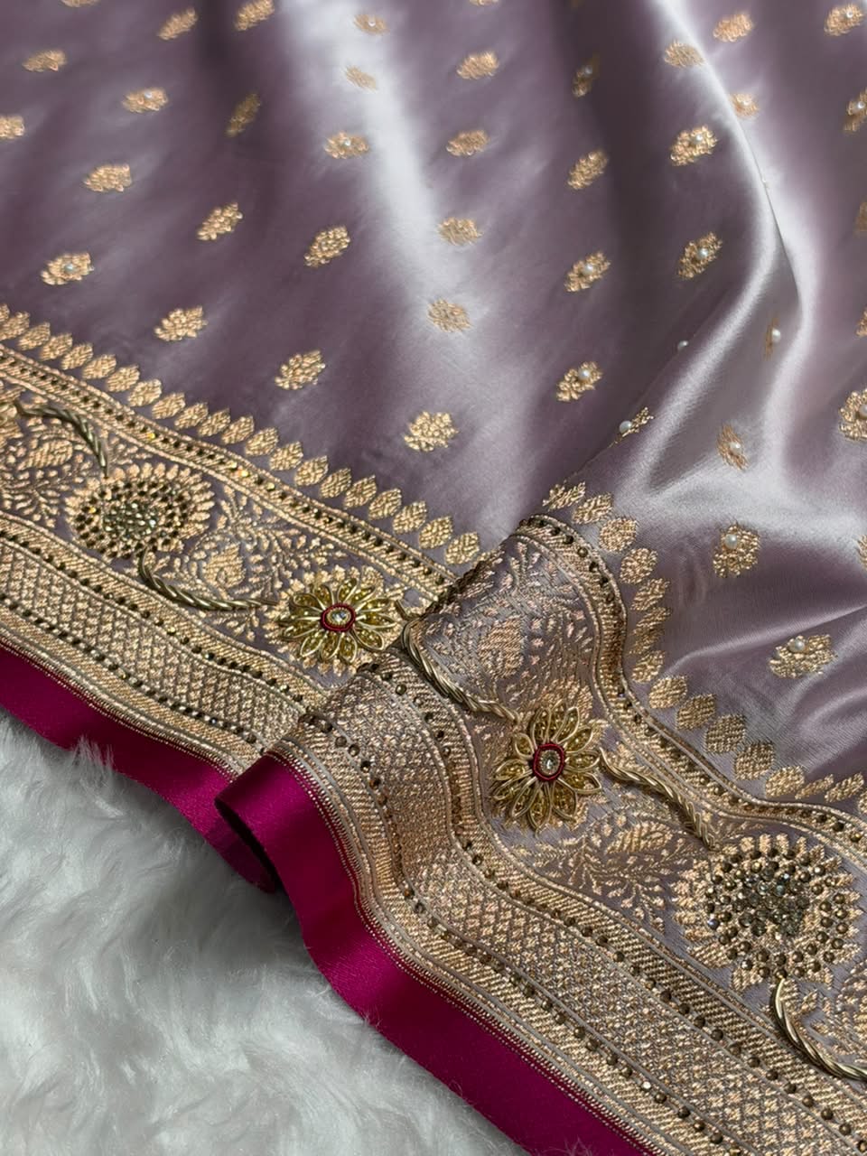 Banarsi Dusty Lavender Shades With Ari Zardozi Work Booti Katan Silk Saree BSK07