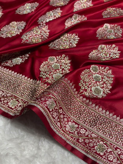 Premium Birdal Banarasi Satin Katan Saree With Swarovski Ari & Zardozi Work Minakari Boota in Marooon Shades BSK93