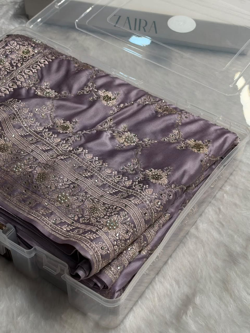 Dusty Lavender Jaal Pattern With Swarovski & Ari Stone Work Mashru Silk Saree BMCS109