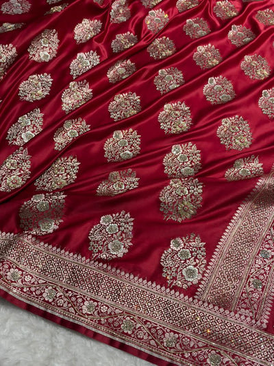 Premium Birdal Banarasi Satin Katan Saree With Swarovski Ari & Zardozi Work Minakari Boota in Marooon Shades BSK93