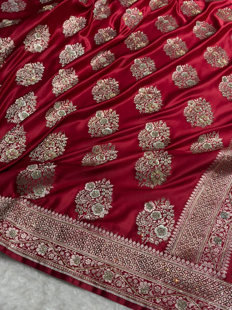 Premium Birdal Banarasi Satin Katan Saree With Swarovski Ari & Zardozi Work Minakari Boota in Marooon Shades BSK93