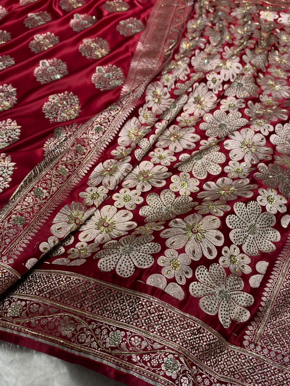 Premium Birdal Banarasi Satin Katan Saree With Swarovski Ari & Zardozi Work Minakari Boota in Marooon Shades BSK93