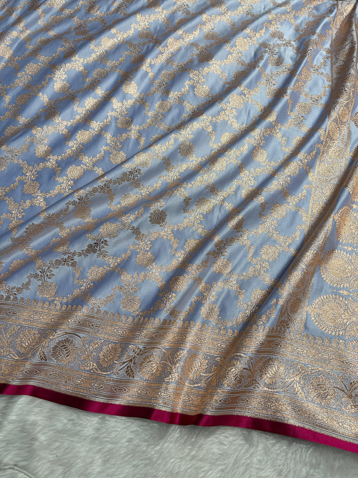 Powder Blue Shades Jaal Pattern Satin Katan Silk Saree SK25