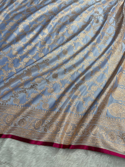 Powder Blue Shades Jaal Pattern Satin Katan Silk Saree SK25